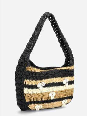 Free People Belize Shell Clutch, Black, Tan, Ivory Raffia Straw Handbag, NWT